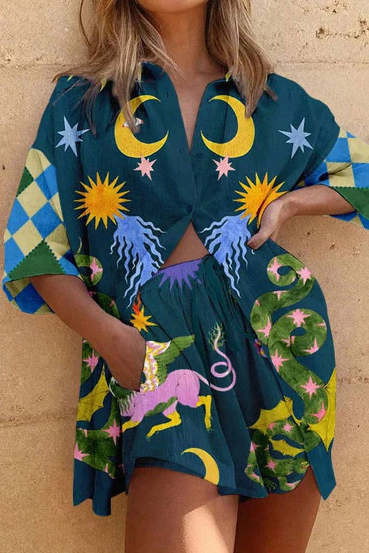 Summer Printed Buttoned Blouse with Shorts 2pcs Set