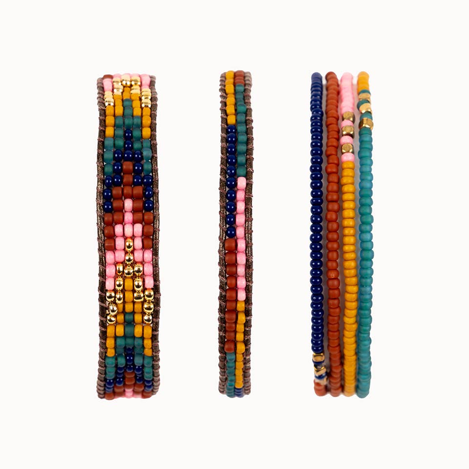 Layered Stripes Bead & Leather Bracelet: Deep Pop