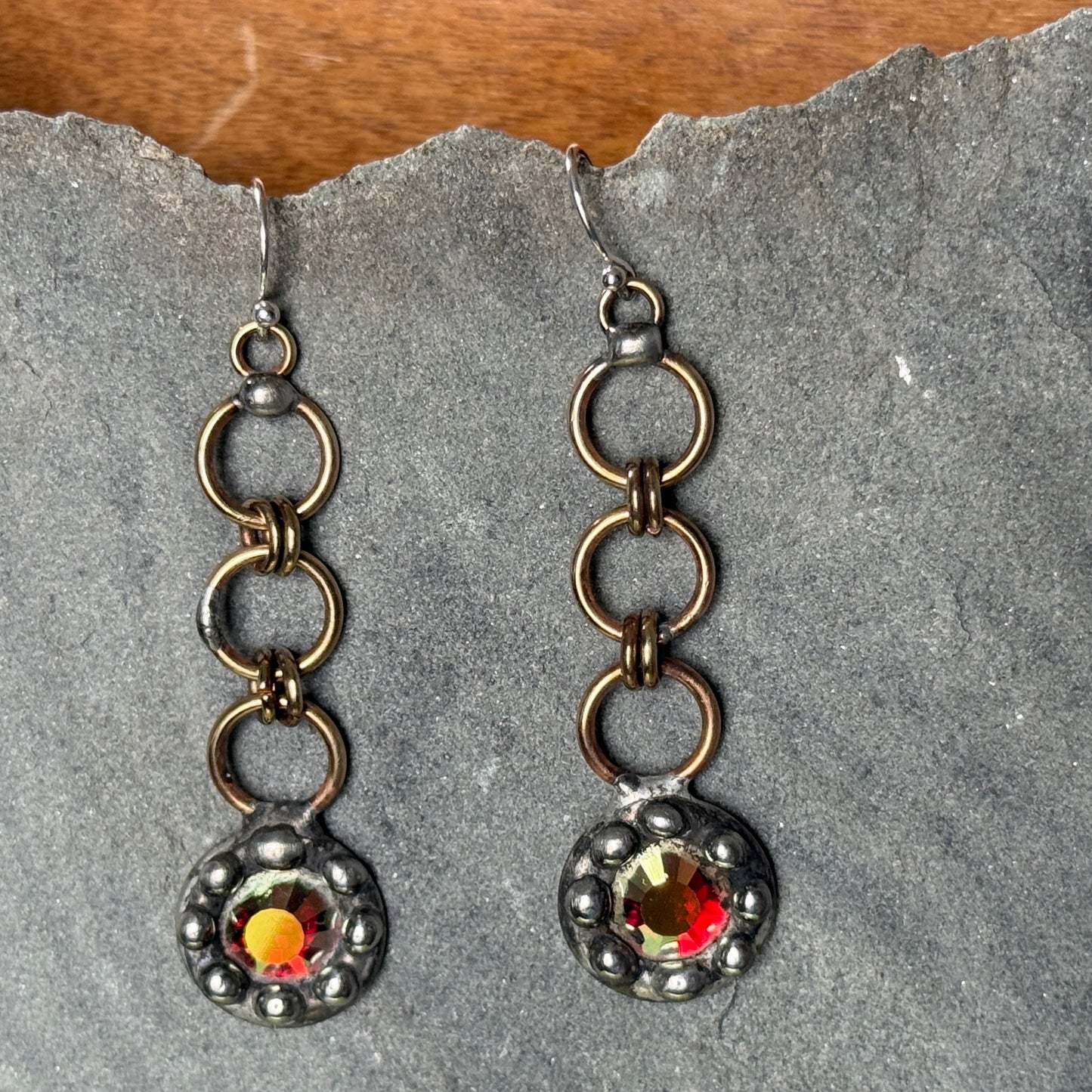 Red Swarovski and Brass Hoops Earrings