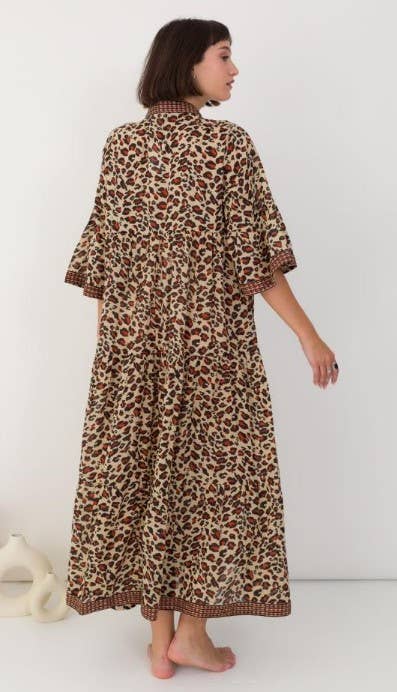 One Size Leopard Cotton Button Shirt Maxi Dress