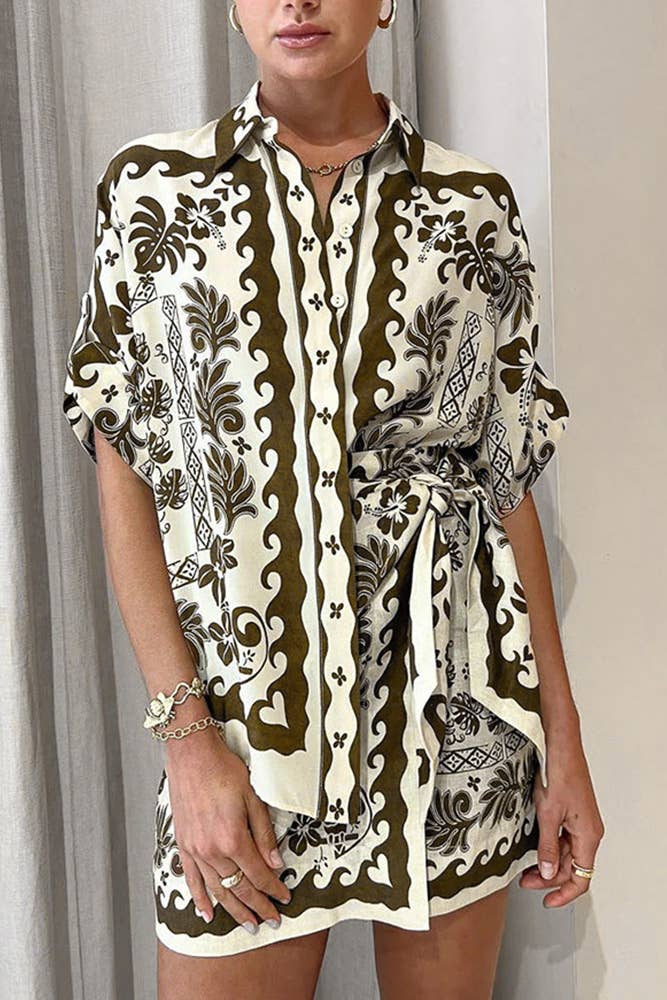 Brown Tropical Print Button Up Shirt and Skirt Set