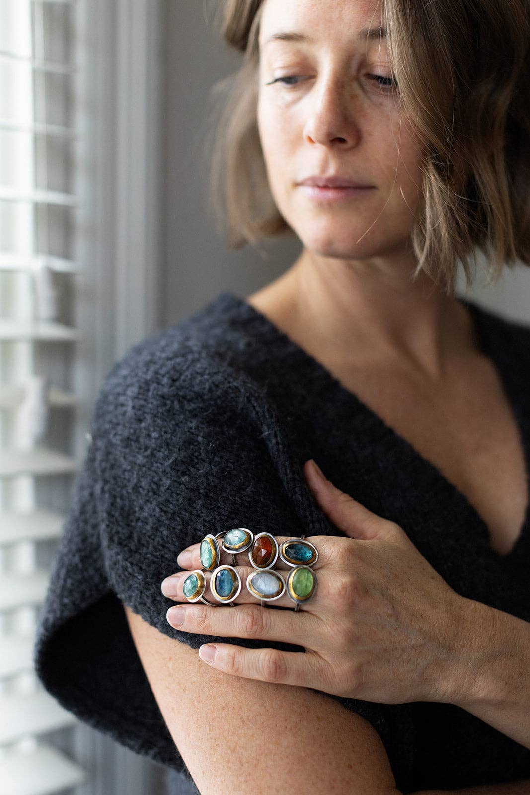 Crescent Rim Ring: Teal blue kyanite