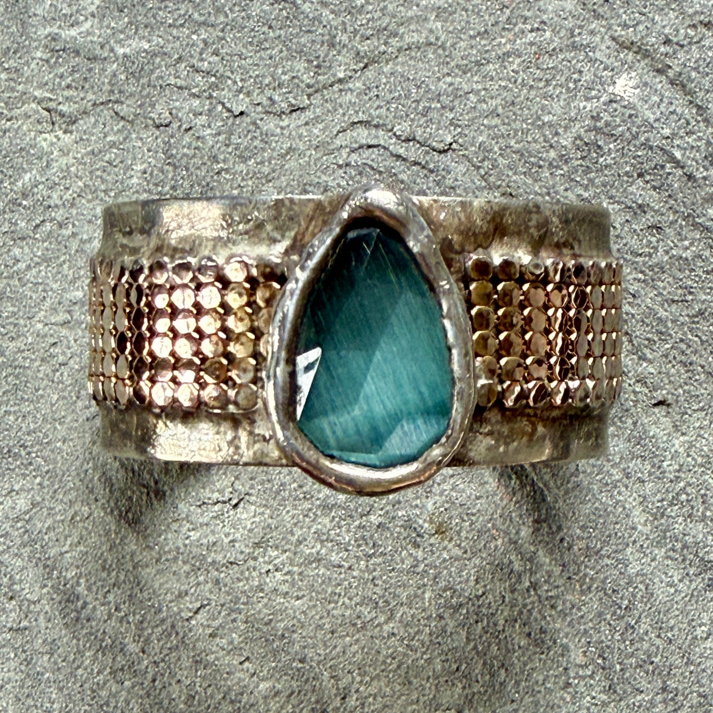 Aqua Cat's Eye and Metal Mesh Cuff Bracelet