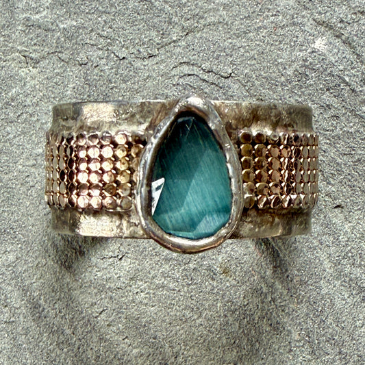 Aqua Cat's Eye and Metal Mesh Cuff Bracelet