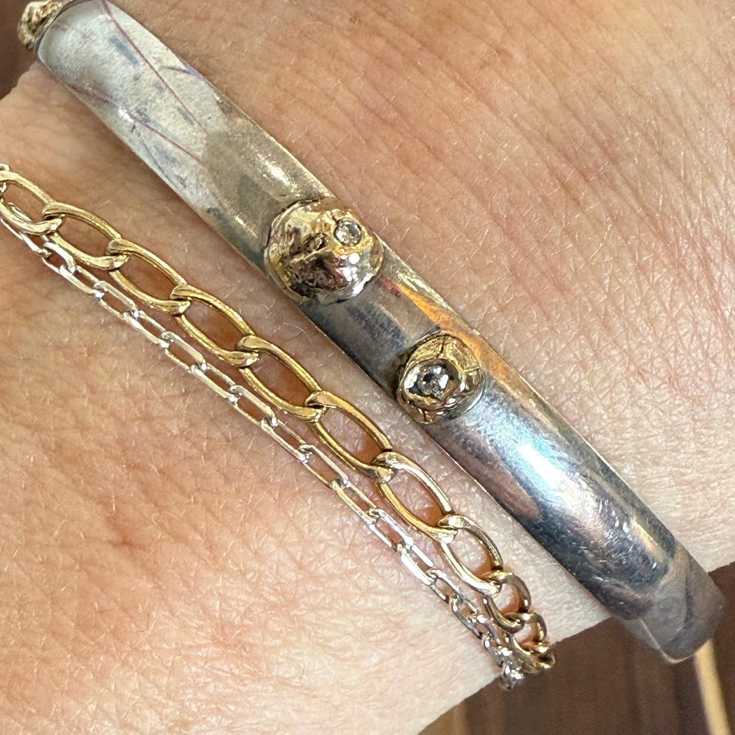 Sterling Bangle with Diamond Crusted Gold Barnacles