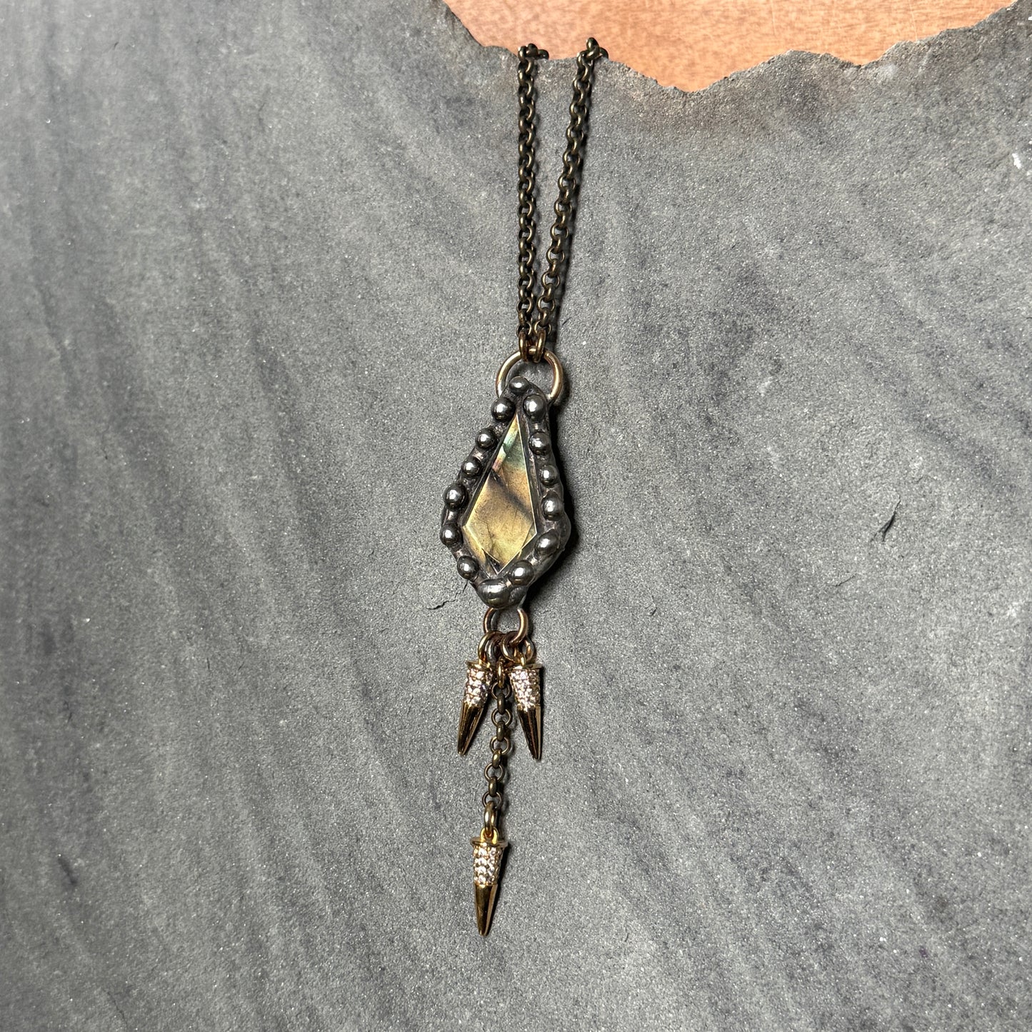 Labradorite and Pavé Brass Spike Drops Necklace ￼