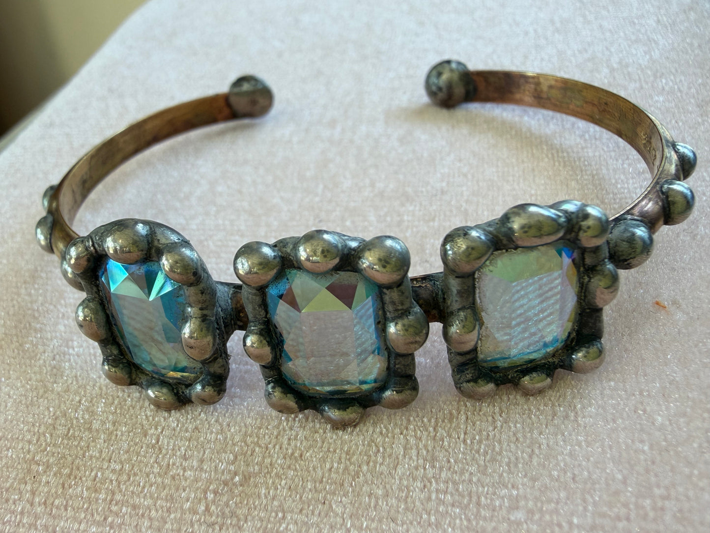 Triple Aqua Shimmer Crystal on Stackable Brass Cuff