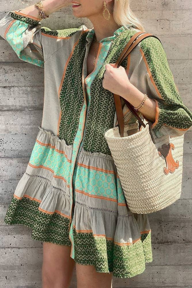 Summer Green Multicolor Print Open Button Dress