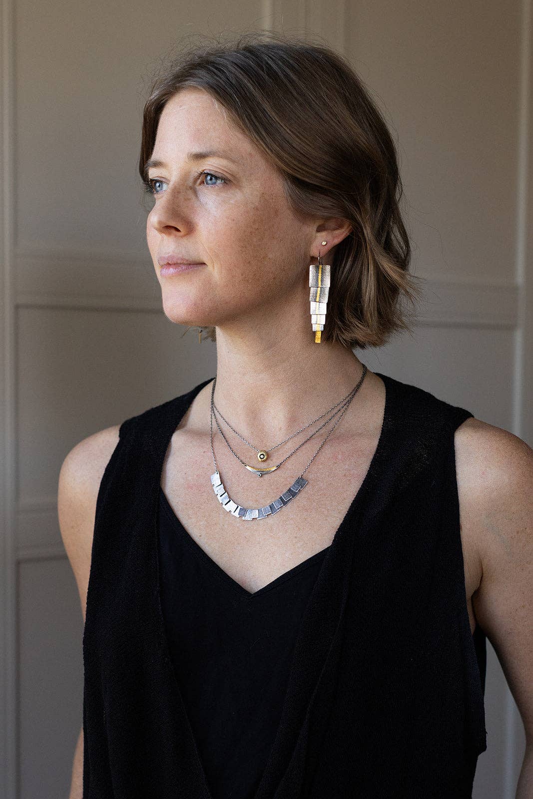 Petite Square Pivot Necklace- Mixed 18K Vermeil and Oxidized Sterling