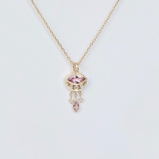 Pink Tourmaline Marquise Eye & Dangling w/ Diamonds Necklace