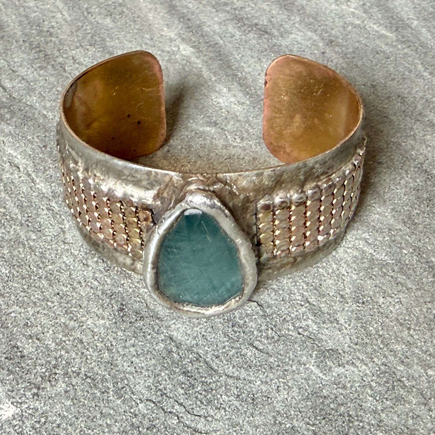 Aqua Cat's Eye and Metal Mesh Cuff Bracelet