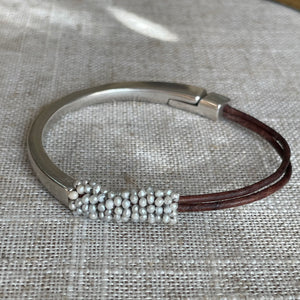 White Pearl and Leather Magnetic Bracelet