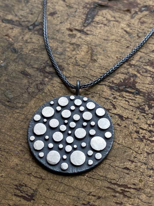 Oxidized Disco Shield Pendant Necklace