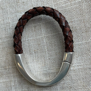 Braided Brown leather and silver bracelet