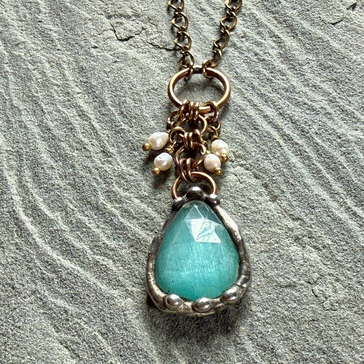 Aqua Cats Eye and Freshwater Pearl  Necklace ￼