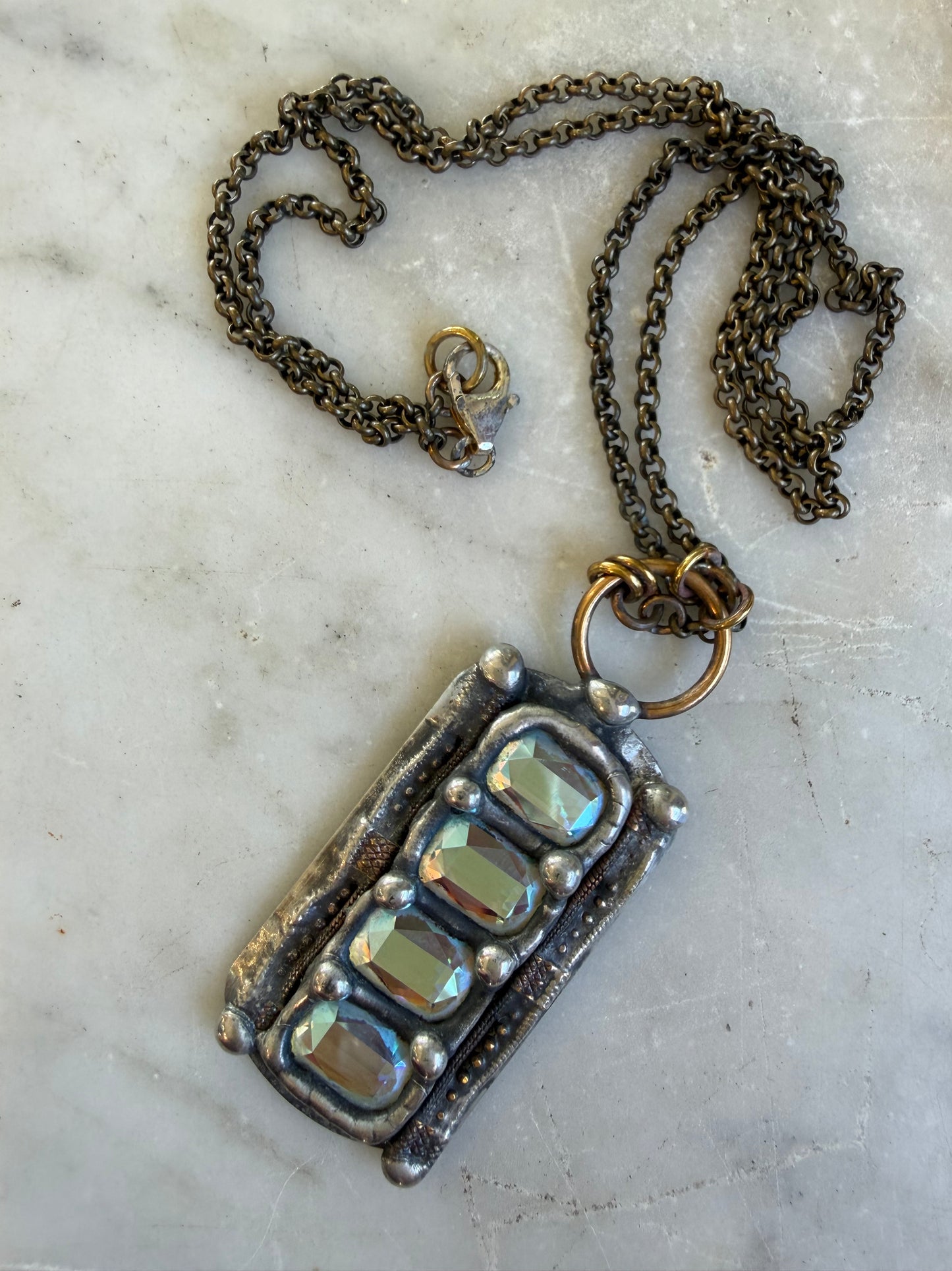 Aqua Shimmer Dog Tag Brass Necklace