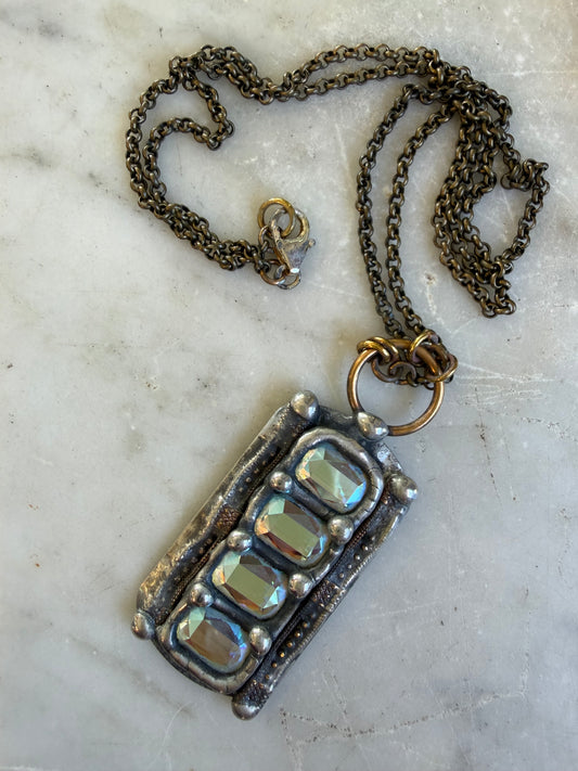 Aqua Shimmer Dog Tag Brass Necklace