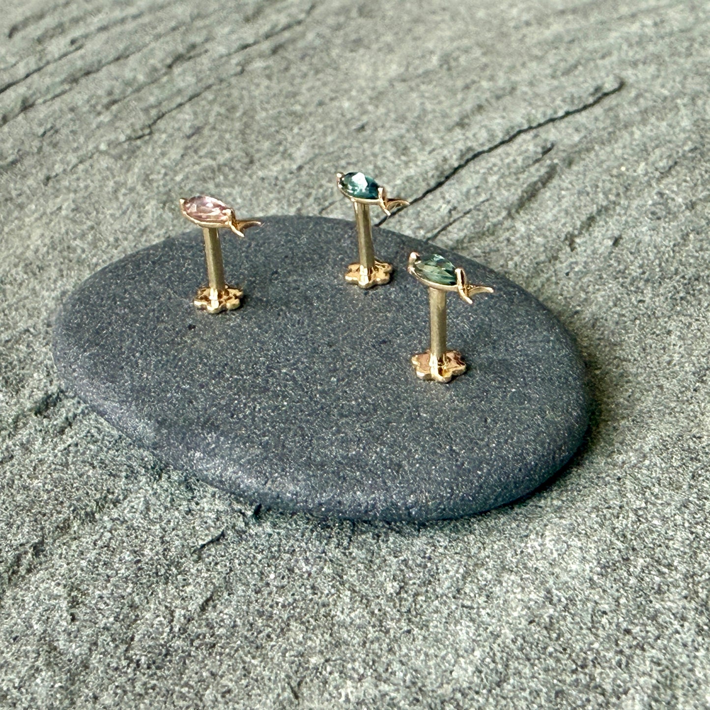 Tiny Tourmaline Fish Flatback Gold Studs