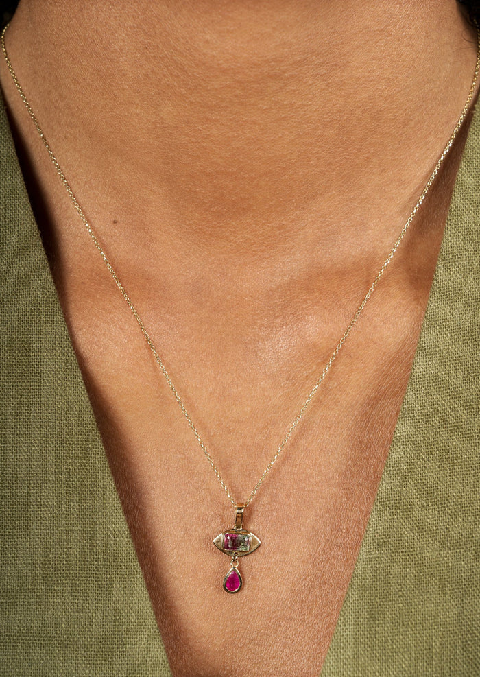 Tiny Eye Necklace in Watermelon Tourmaline or Emerald 14K