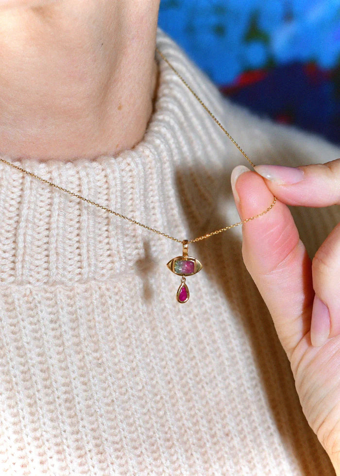 Tiny Eye Necklace in Watermelon Tourmaline or Emerald 14K