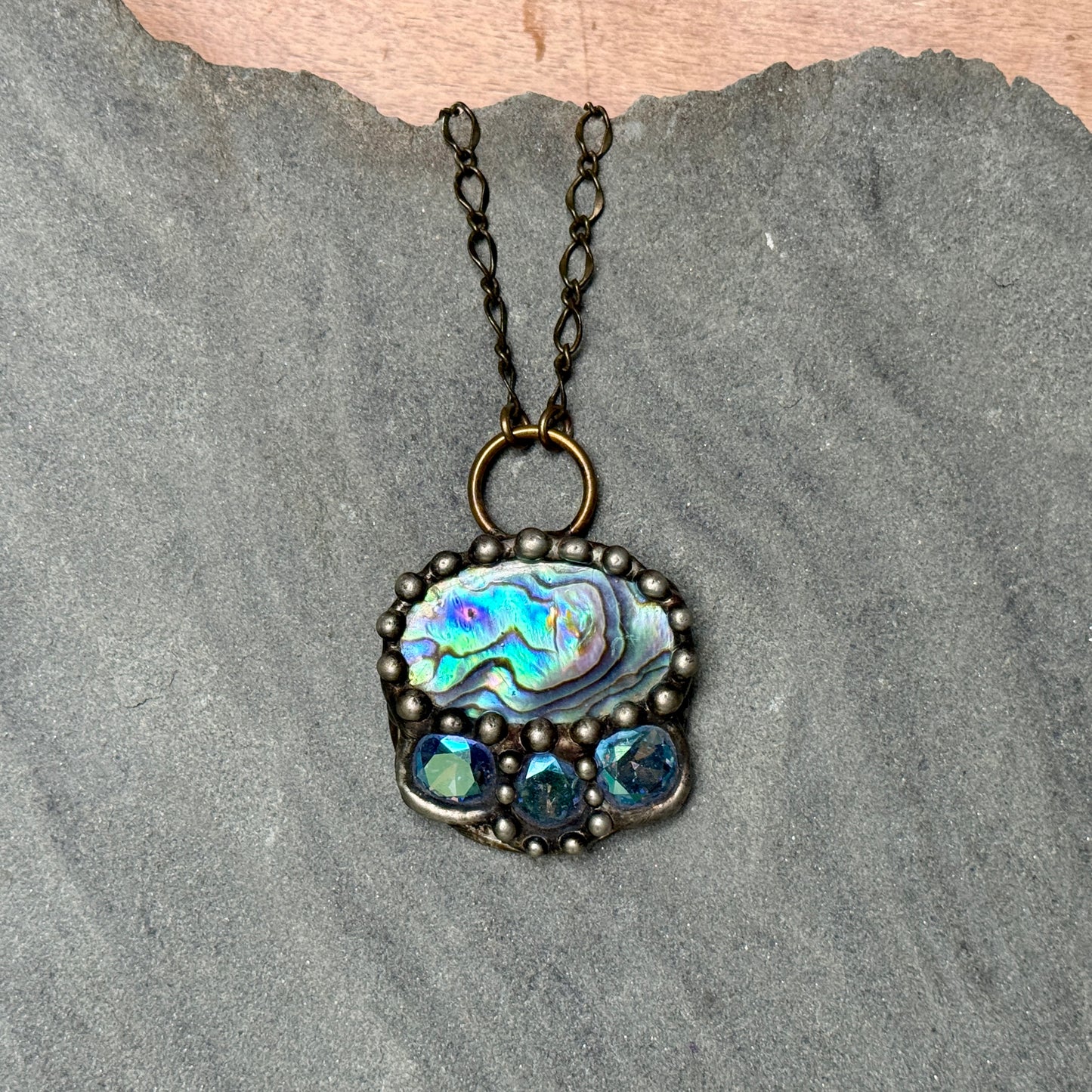 Abalone Shell and Aqua Swarovski Medallion Necklace