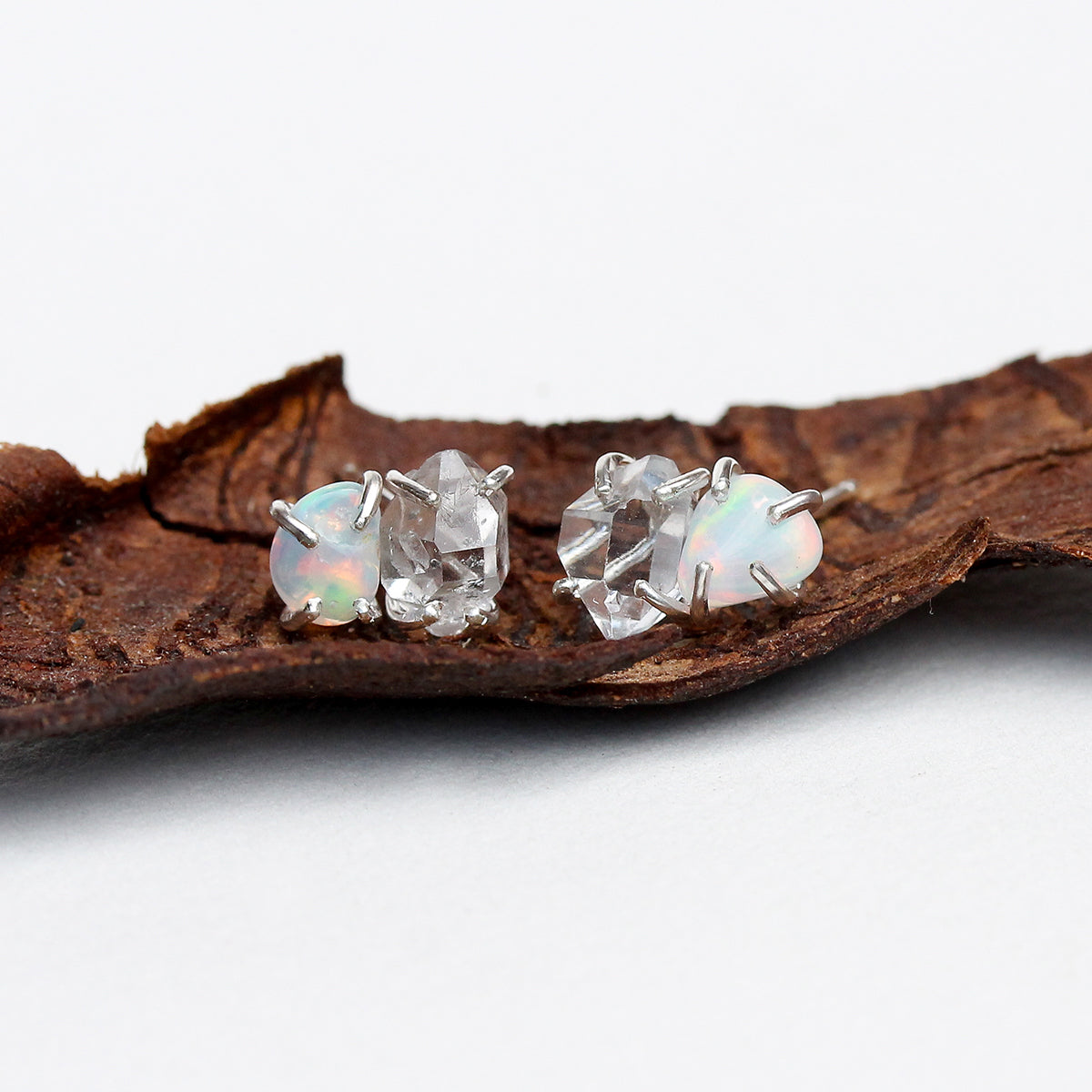 Opal and Herkimer Diamond Pebble Studs