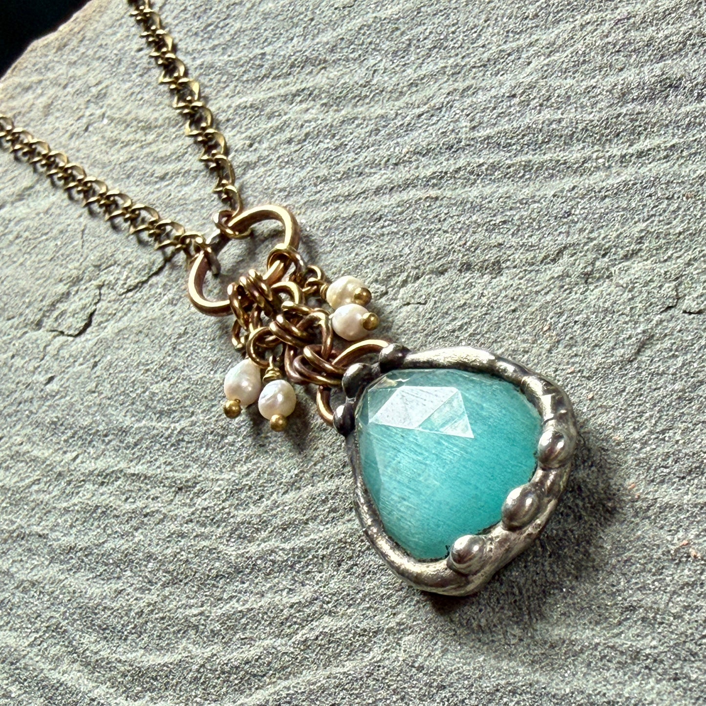 Aqua Cats Eye and Freshwater Pearl  Necklace ￼