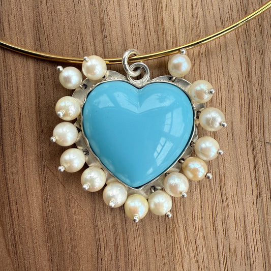 Pearl Encapsuled Blue Heart Choker Necklace