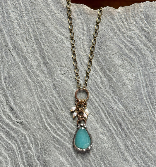 Aqua Cats Eye and Freshwater Pearl  Necklace ￼