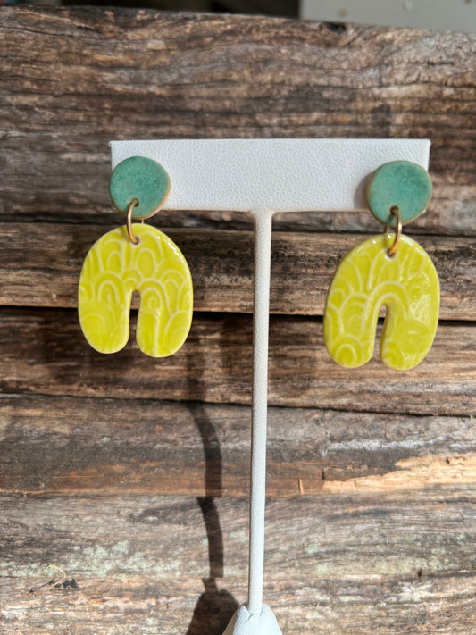 Embossed Porcelain Stud Horseshoe Dangle Earrings Lemon Yellow & Turquoise