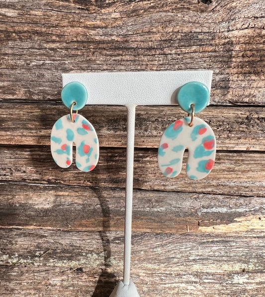 Handpainted Porcelain Stud Horseshoe Dangle Earrings Teal & Salmon Leopard