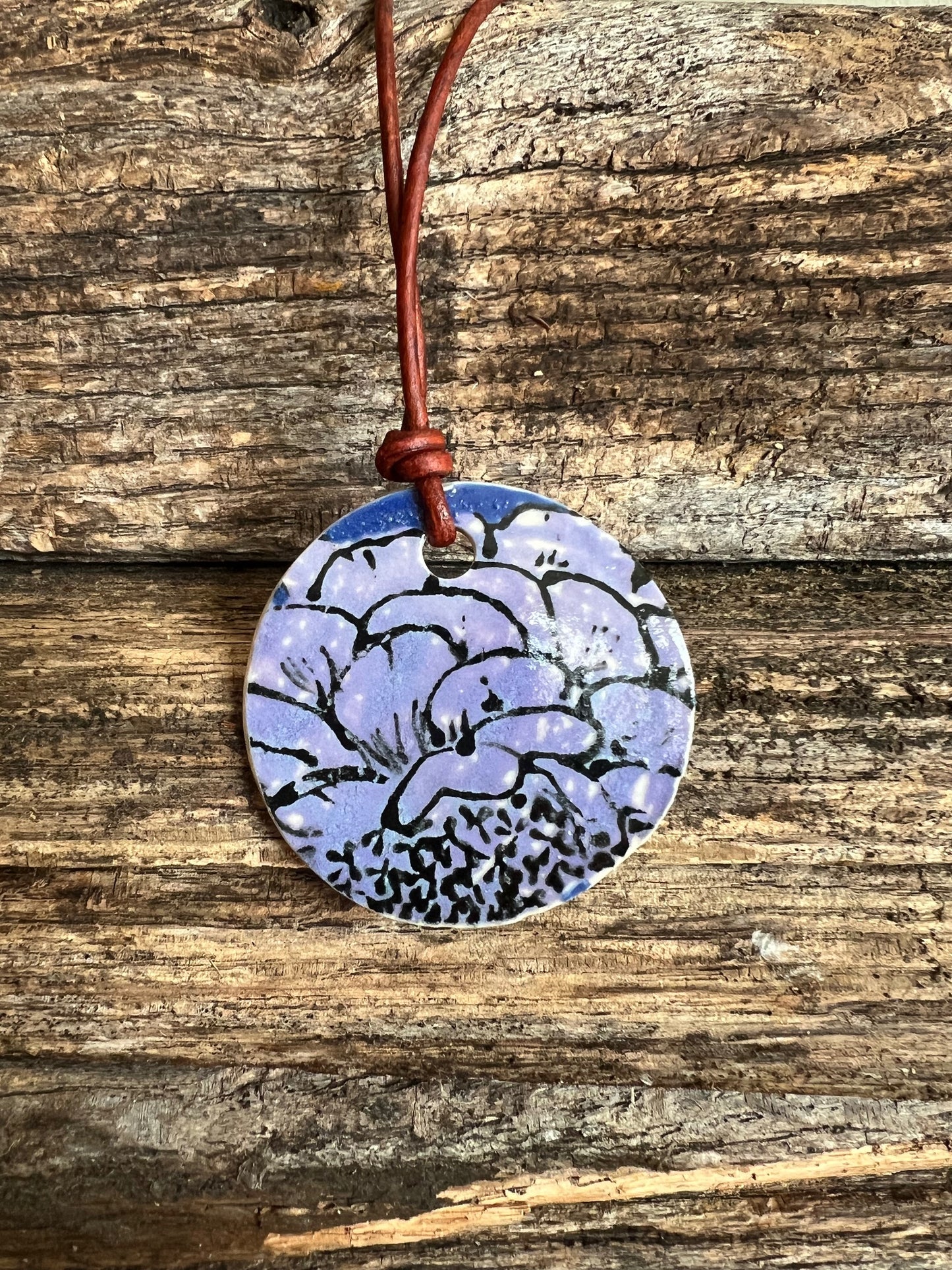 Porcelain Floral Pendant on Leather Cord Lilac Theme