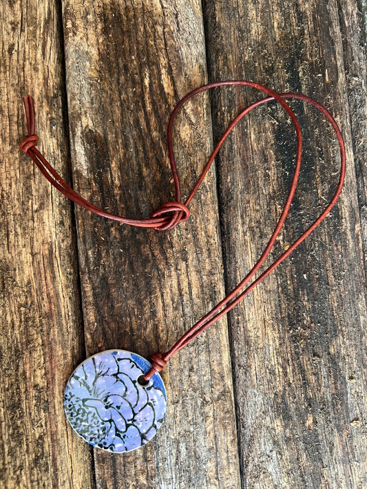 Porcelain Floral Pendant on Leather Cord Lilac Theme
