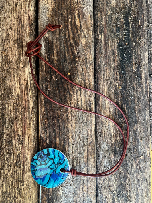 Porcelain Floral Pendant on Leather Cord Aqua and Royal Blue Theme