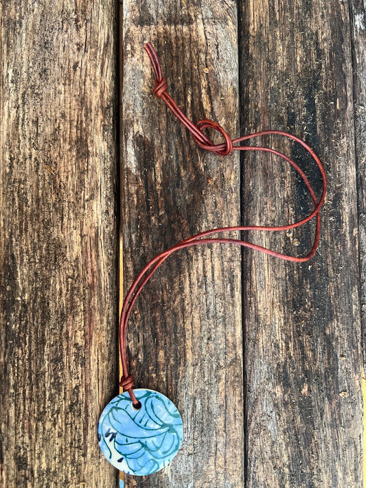 Porcelain Floral Pendant on Leather Cord White, Teal and Aqua Theme