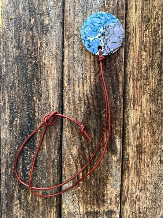 Porcelain Floral Pendant on Leather Cord White, Lilac and Aqua Theme