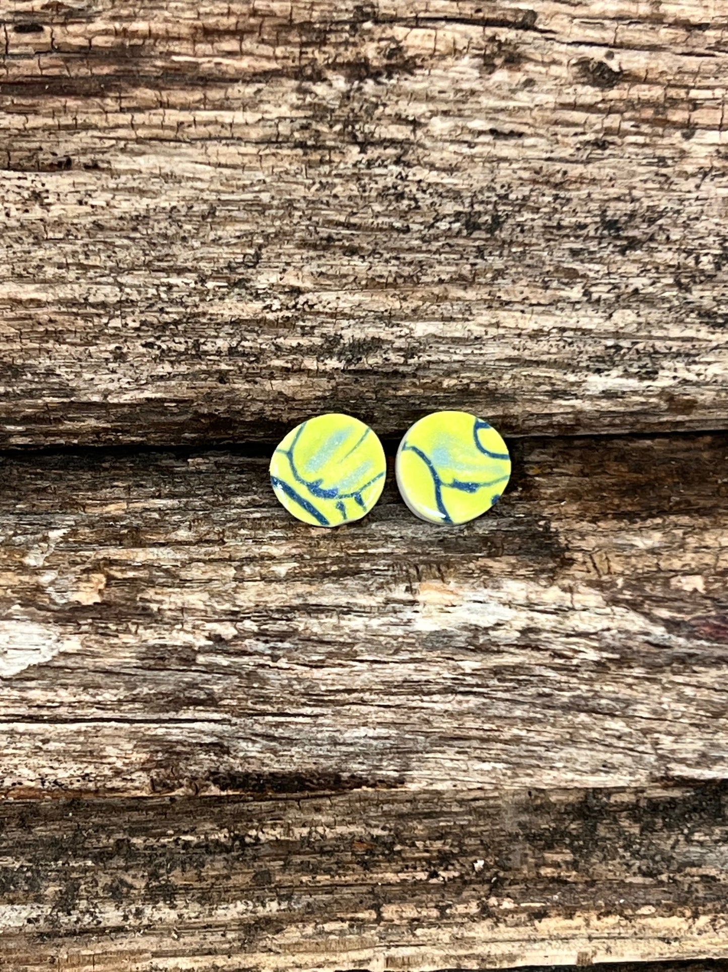 Round Porcelain Stud Earrings Abstract Lemon Yellow and Royal Blue Theme