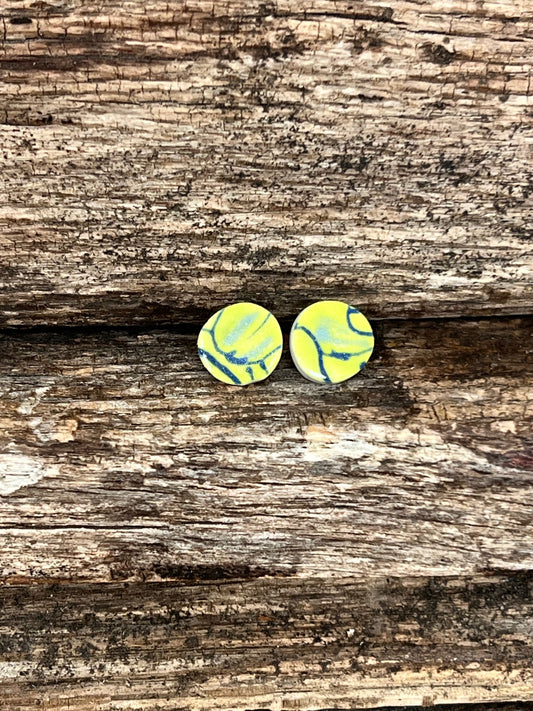 Round Porcelain Stud Earrings Abstract Lemon Yellow and Royal Blue Theme