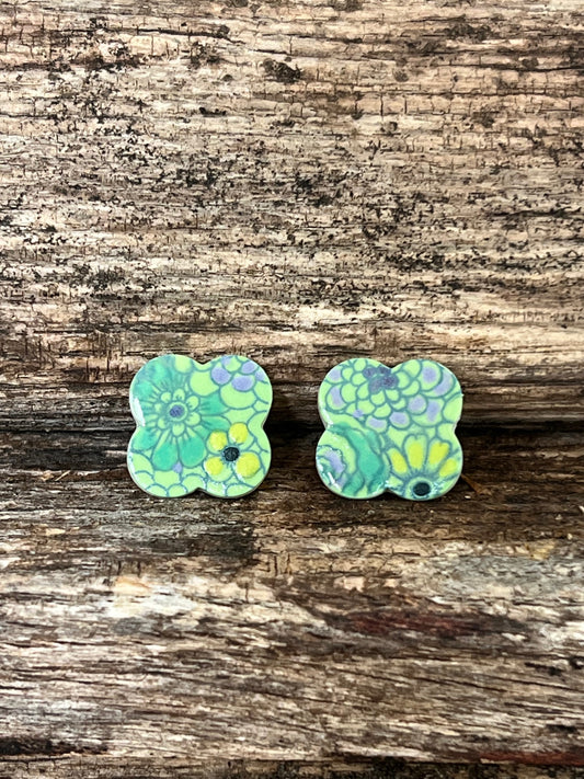 Clover Porcelain Stud Earrings Lilac, Yellow and Green Theme