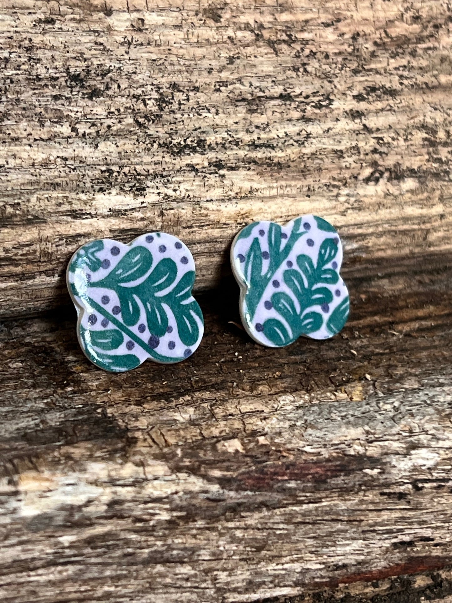 Clover Porcelain Stud Earrings Lilac and Teal Leafy Theme