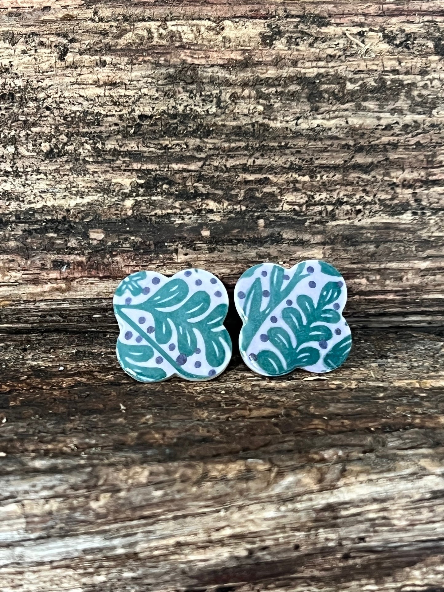 Clover Porcelain Stud Earrings Lilac and Teal Leafy Theme