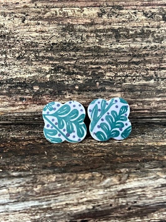 Clover Porcelain Stud Earrings Lilac and Teal Leafy Theme