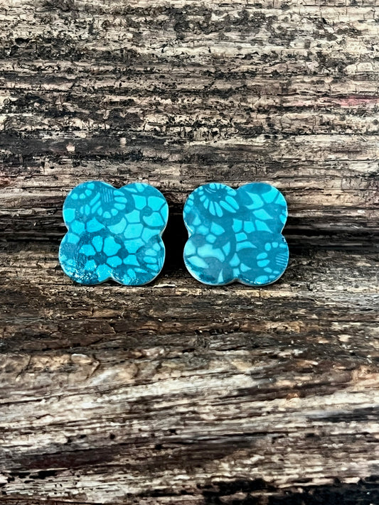 Clover Porcelain Stud Earrings Aqua Blue Floral Theme
