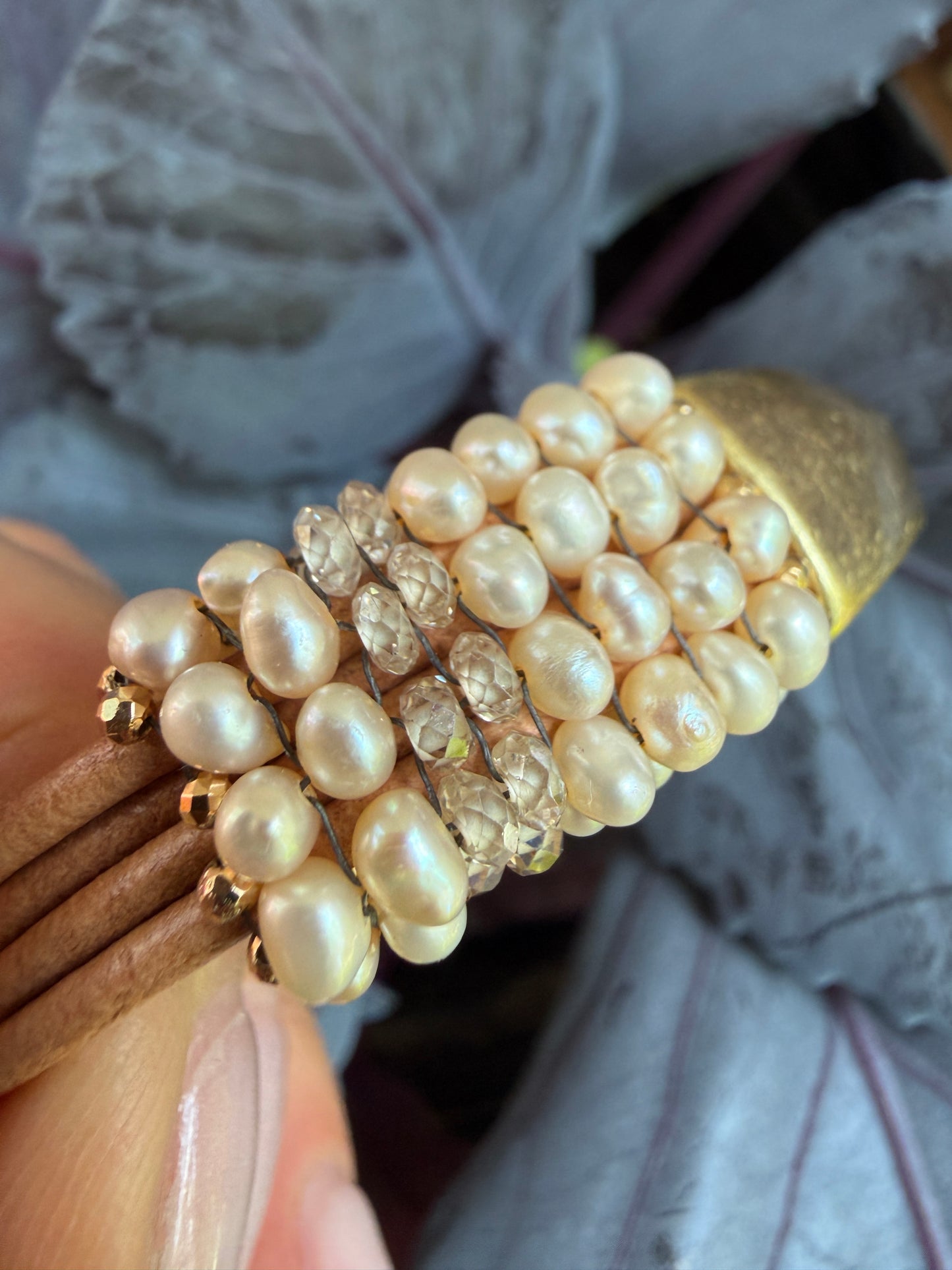 Hand Stitched White Pearl, Natural Zircon and Leather Magnetic Brass Bracelet