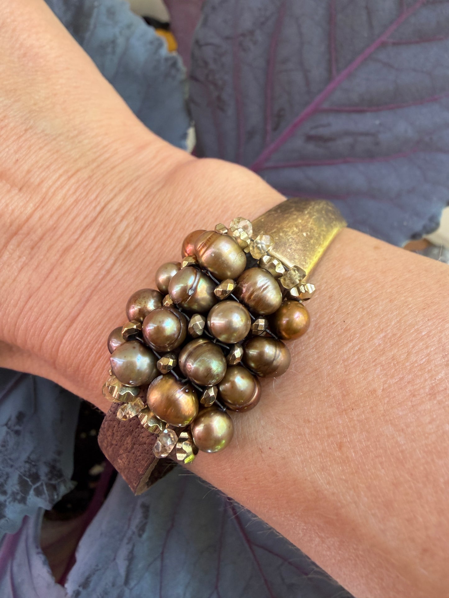 Hand Stitched Large Brown Pearls with Hematite and Vintage Brown Leather and Brass Magnetic Bracelet