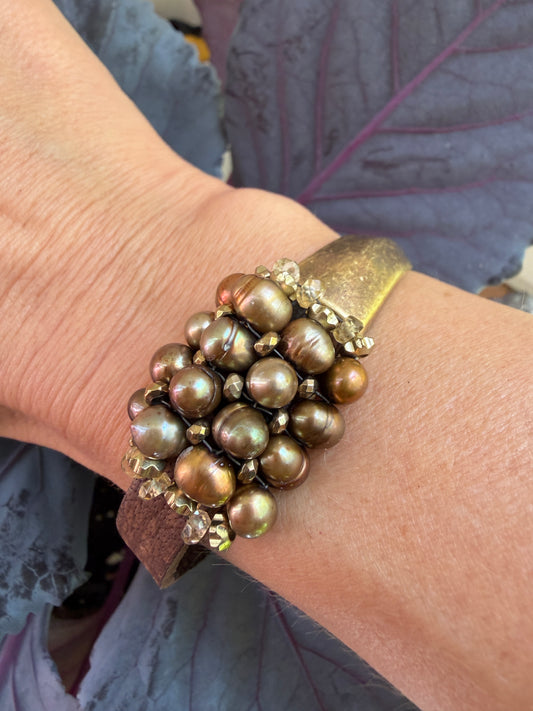 Hand Stitched Large Brown Pearls with Hematite and Vintage Brown Leather and Brass Magnetic Bracelet