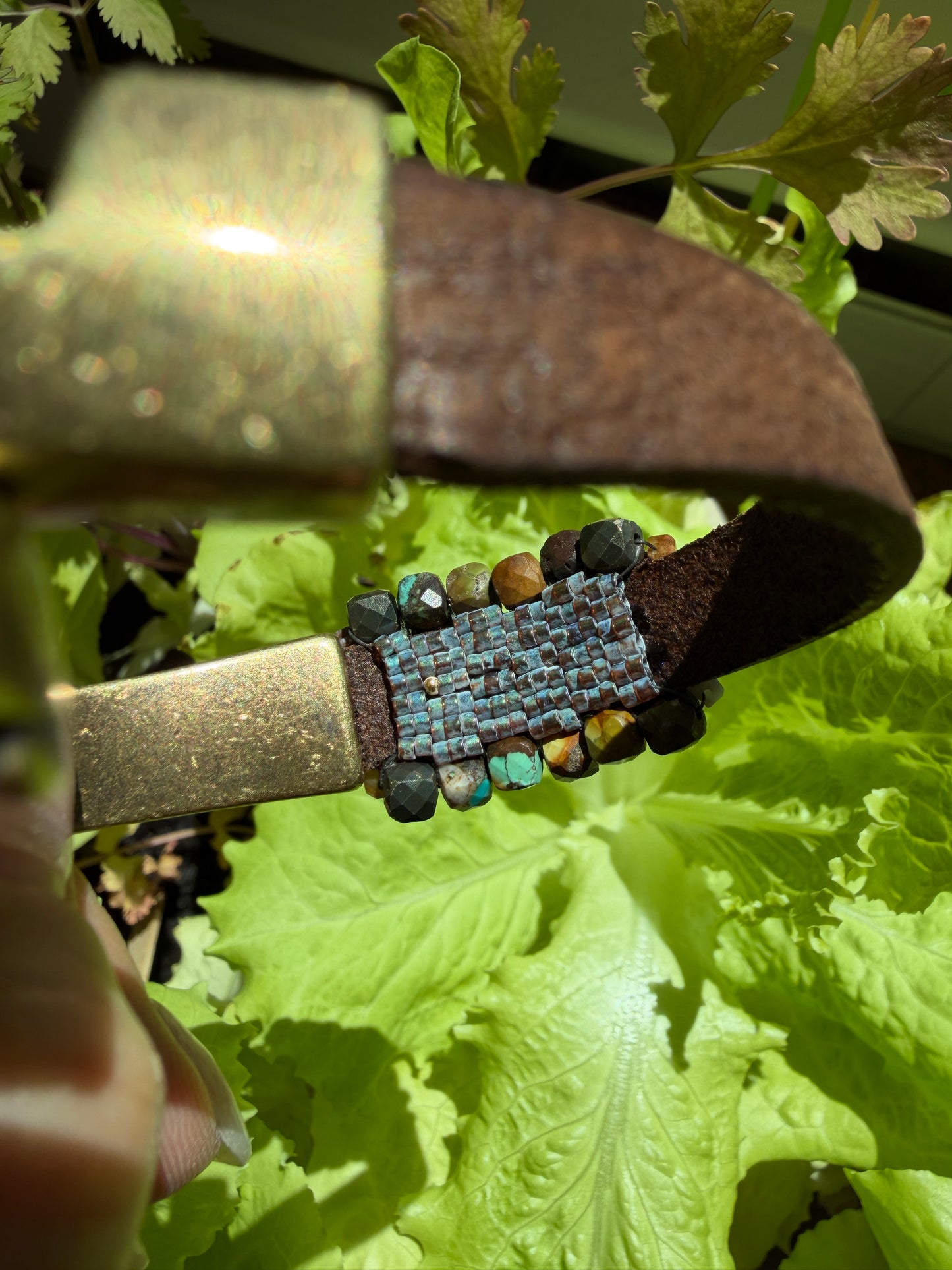 Hand Stitched Turquoise and Pyrite Cubes with Vintage Leather and Brass Bracelet