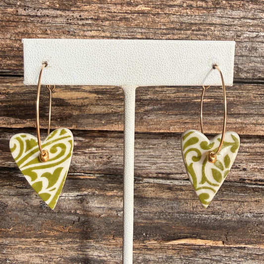 Porcelain Heart Hoop Earrings with Gold Bead Green Bouquet Theme