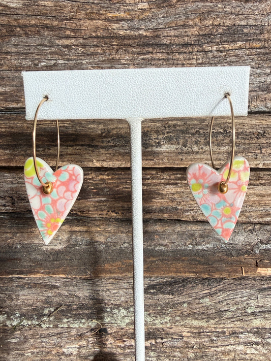 Porcelain Heart Hoop Earrings with Gold Bead Pink Bouquet Theme