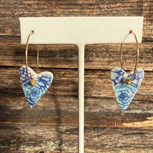 Porcelain Heart Hoop Earrings with Gold Bead Blue Bouquet Theme